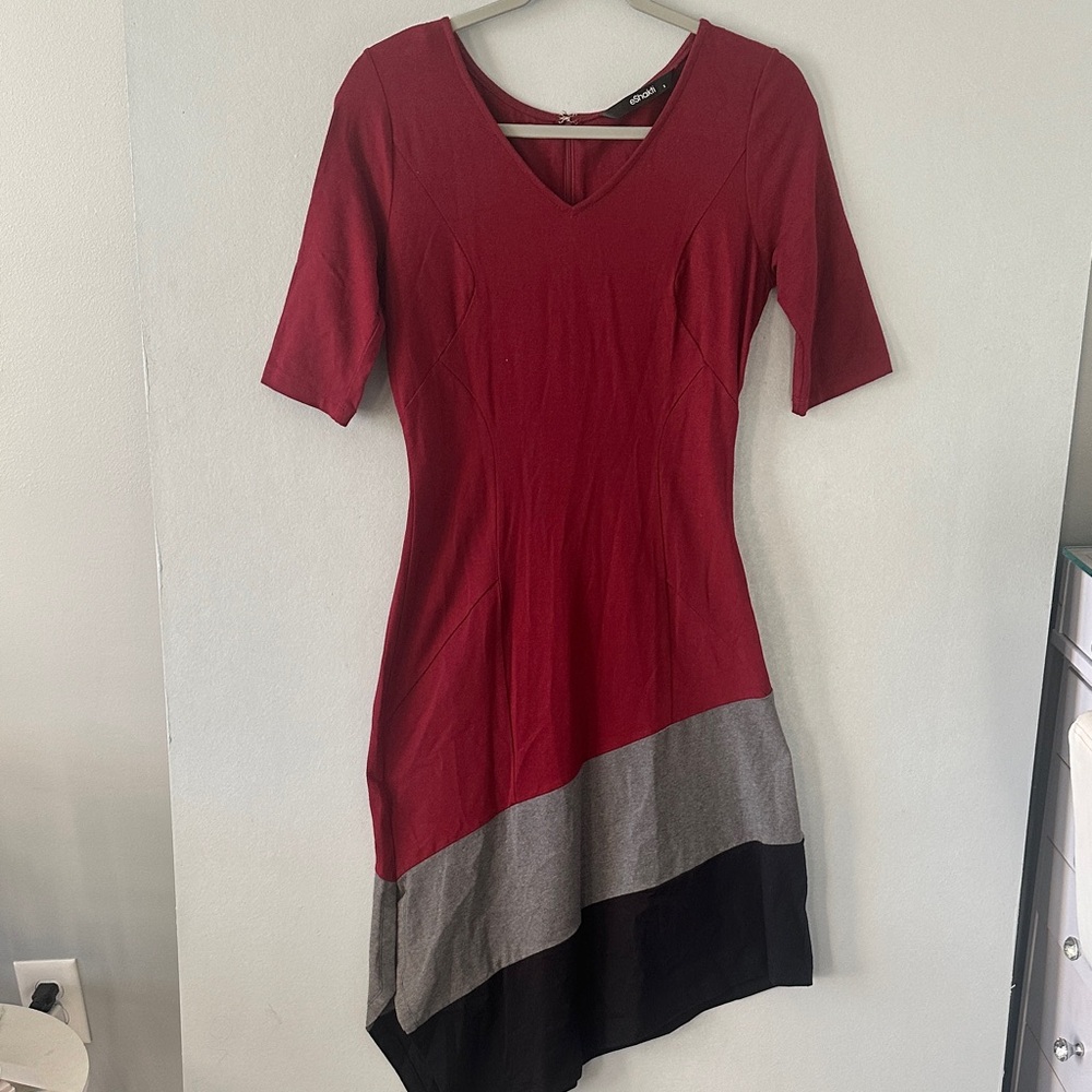eShakti Red Gray Black Colorblock‎ Short Sleeve A-Line Dress